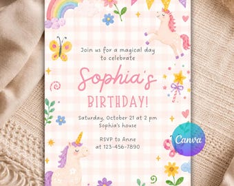 Editable Unicorn Birthday Invitation Template, Pastel Rainbow Party Invite, Pink Gingham Canva Invitation B133