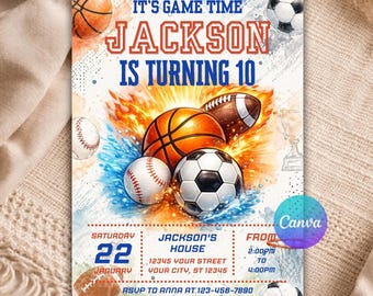 Sports Birthday Invitation Template Editable Canva Basketball Soccer Baseball Football Invite Printable Sports Party Invitation B127