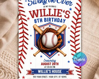 Baseball Birthday Invitation Boy, Sports Birthday Party Invite, Swing On Over, Rookie of the Year, Editable Canva Template B143