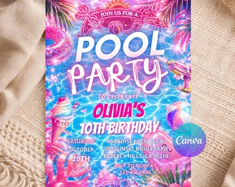 Girl Pool Party Birthday Invitation Editable Canva Template, Kids Summer Birthday Invite, Pink Pool Party Evite Printable B123