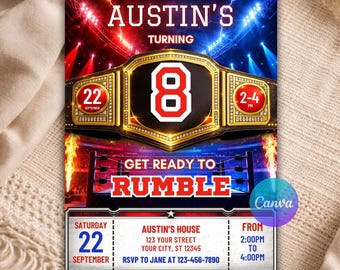 Wrestling Birthday Invitation Template, Editable Championship Belt Party Invite, Boxing MMA Canva Invite B134