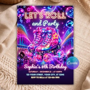 May include: A vibrant invitation for Sophia's 8th birthday party. The design features colorful roller skates, disco balls, and the text "LET'S ROLL and Party." The invitation includes the date, time, and location details.