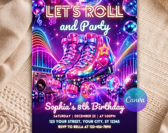 Roller Skating Birthday Invitation, Neon Disco Skate Party Invite, Editable Canva Template, Retro Glow Girl Download B141