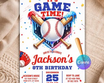 Baseball Birthday Invitation Editable Canva Template, Kids Sports Party Invite, Boy Birthday Invitation, Ice Cream Drip Theme B132