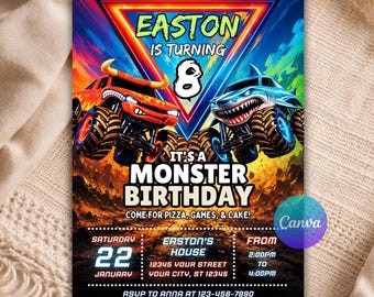 Monster Truck Birthday Invitation, Editable Template, Truck Party Phone Invite, 5x7 Printable Digital Download B136