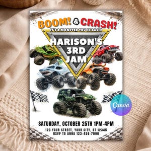 May include: A flyer for a monster truck bash with the text "BOOM! & CRASH!" and "HARISON'S 3RD JAM". The flyer features illustrations of monster trucks in various colors, including green, red, and orange. The event details are also included.