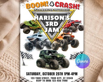 Monster Truck Birthday Invitation, Editable Monster Jam Party Invite, Truck Birthday Canva Template, Digital Printable B137