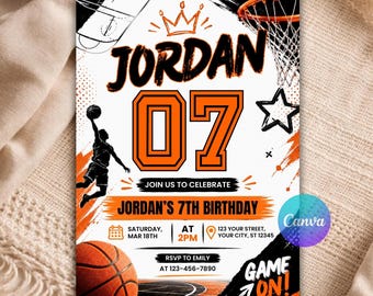 Basketball Birthday Invitation Template, Editable Canva Invite, Kids Basketball Party Invitation, Printable Sports Birthday Invitation B193