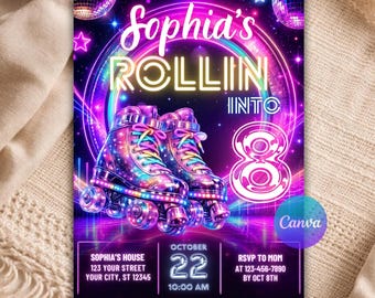 Roller Skating Birthday Invitation, Retro Neon Skate Party Invite, Y2K Disco Glow Girl Birthday Template B140