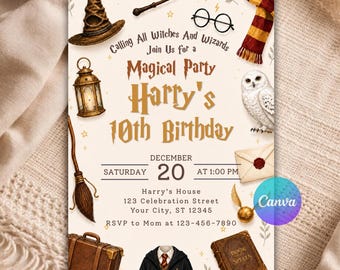 Witches Wizards Birthday Invitation, Magical School Wizard Party Invitation, Editable Birthday Invite Canva Printable Template B129