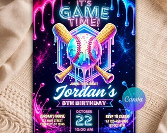 Baseball Ice Cream Drip Birthday Invitation, Neon Baseball Party Invite, Editable Canva Invitation Template, Boys Birthday Invite B131