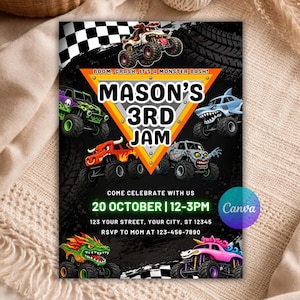 May include: A rectangular party invitation featuring monster trucks, a checkered flag, and the text MASON'S 3RD JAM, BOOM, CRASH, IT'S A MONSTER BASH!, 20 OCTOBER | 12-3PM, 123 YOUR STREET, YOUR CITY, ST 12345, and RSVP TO MOM AT 123-456-7890.