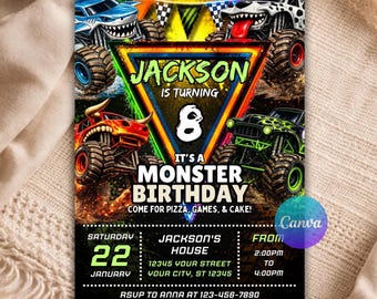 Monster Truck Birthday Invitation Editable Canva Template, Racing Birthday Party Invitation, Boy Birthday Invitation, Truck Invite B130