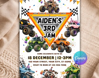 Monster Truck Birthday Invitation, Monster Jam Party Invite, Editable Canva Template for Boys B197