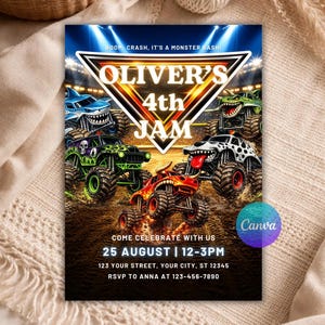 May include: A colorful invitation for Oliver's 4th birthday party. The design features several monster trucks on a dirt track, with the text "OLIVER'S 4th JAM". The invitation includes the date, time, and location of the party.