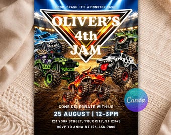 Monster Truck Birthday Invitation Editable Template, Monster Jam Invite, Truck Party Invite, Boy Birthday Invitation Digital Download B128