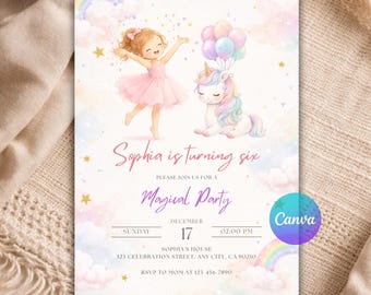 Unicorn Birthday Invitation Editable Canva Template Ballerina Girl Pastel Rainbow Magical Party Invite Digital Download B98