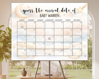 Baby Due Date Calendar Sign Guess the Due Date Baby Shower Game Guess Baby's Birth Date Printable Celestial Moon Star Instant Download BDD03