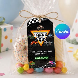 Monster Truck Thank You Tag Editable Canva Template, Printable Monster Jam Birthday Favor Tag, Personalized Kids Party Instant Download B174