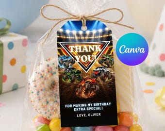 Monster Truck Thank You Tag Editable Canva Template, Printable Birthday Party Favor Tag, Personalized Instant Download for Boys B128