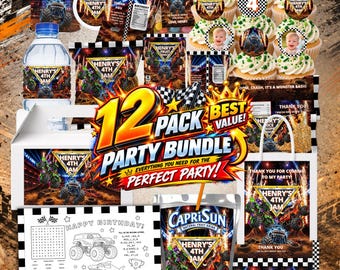 Monster Truck Birthday Party Favor Bundle, Editable Party Favors, Chip Bags, Juice Labels, Stickers & Treat Boxes, Canva Template B201