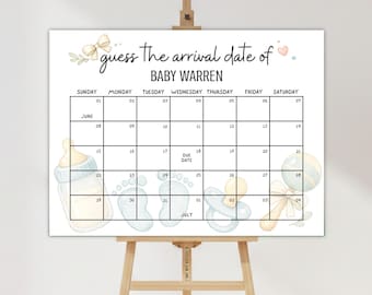 Baby Due Date Calendar Sign, Guess the Due Date Baby Shower Game Guess Baby's Birth Date Printable Nursery Watercolor Instant Download BDD02