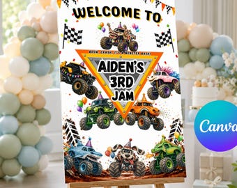 Monster Truck Birthday Welcome Sign Template, Editable Canva Party Poster Digital Download B197