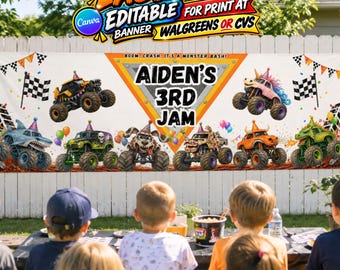 Monster Truck Birthday Banner, Editable Canva Template, Monster Truck Party Decor (Digital Download)  B197