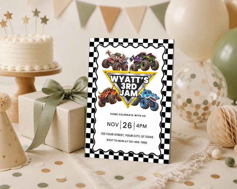 May include: A rectangular birthday invitation card with a black and white checkered border. The center features four monster trucks surrounding a yellow triangle with the text WYATT'S 3RD JAM. Below, it lists event details including date, time, and address.