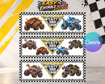 Monster Truck Birthday Banner Template, Editable Canva Party Banner, Boys Racing Decor, Monster Truck Party, Printable Digital Download B198