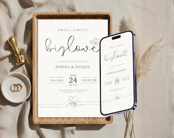 Small Circle Big Love Wedding Invite, Intimate Micro Wedding Template, Minimalist Digital Invitation, Simple Print or Text Phone Invite W02