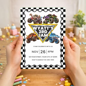 May include: A rectangular birthday invitation card with a black and white checkered border. The design features four monster trucks surrounding a yellow triangle with the text WYATT'S 3RD JAM. It includes event details for NOV 26 at 4PM.