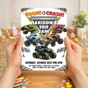 May include: A colorful invitation for a monster truck-themed birthday party. The design features several monster trucks in various colors, with the text "BOOM! & CRASH!" and "HARISON'S 3RD JAM". Includes event details: date, time, and RSVP information.