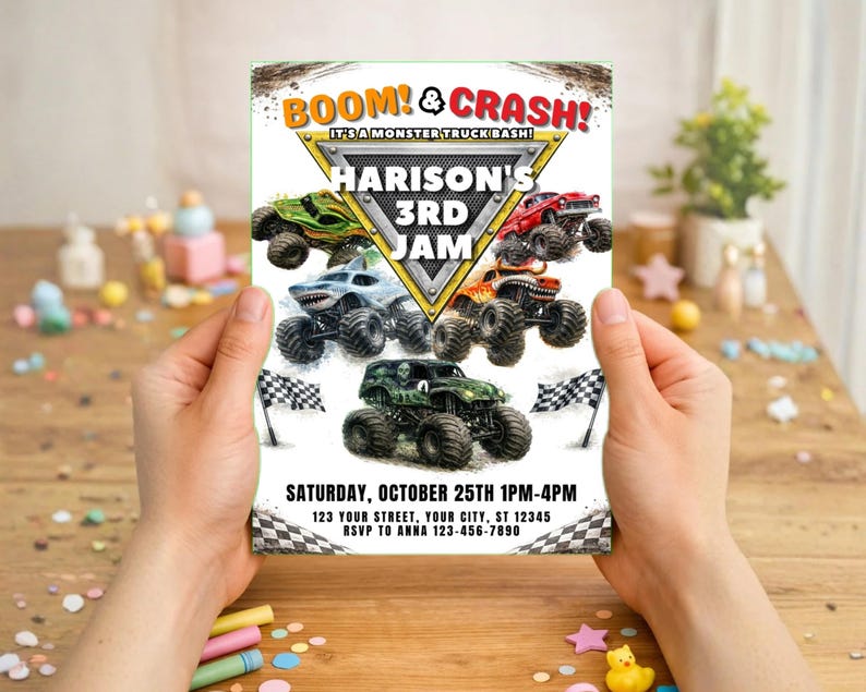 May include: A colorful invitation for a monster truck-themed birthday party. The design features several monster trucks in various colors, with the text "BOOM! & CRASH!" and "HARISON'S 3RD JAM". Includes event details: date, time, and RSVP information.