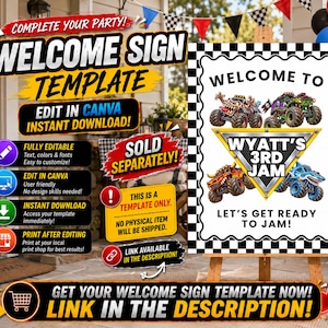 May include: A rectangular welcome sign template featuring a black and white checkered border, four monster truck illustrations, and the text "WELCOME TO WYATT'S 3RD JAM" and "LET'S GET READY TO JAM!" displayed on a white background with a scalloped edge.