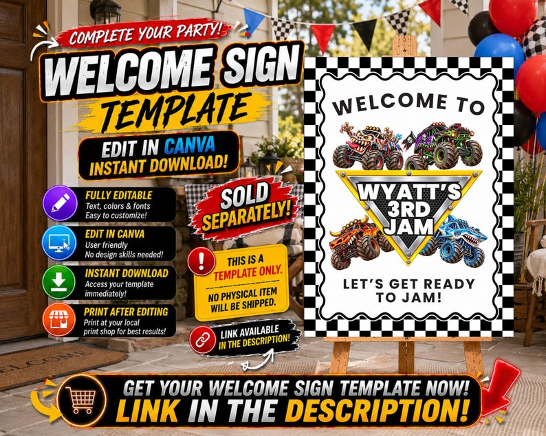 May include: A rectangular welcome sign template featuring a black and white checkered border, four monster truck illustrations, and the text "WELCOME TO WYATT'S 3RD JAM" and "LET'S GET READY TO JAM!" displayed on a white background with a scalloped edge.