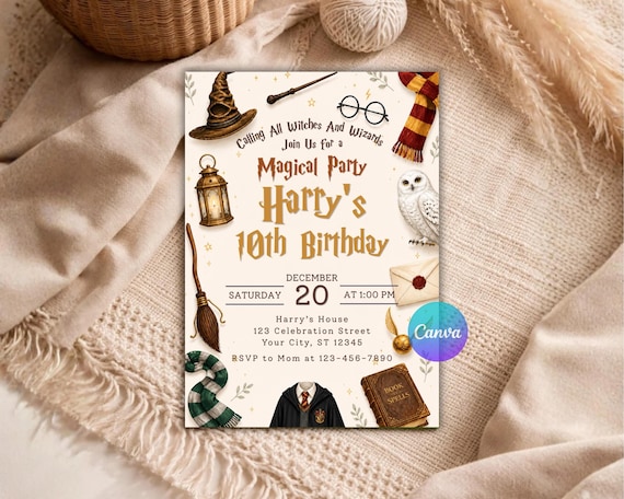 Witches Wizards Birthday Invitation, Magical School Wizard Party Invitation, Editable Birthday Invite Canva Printable Template B129