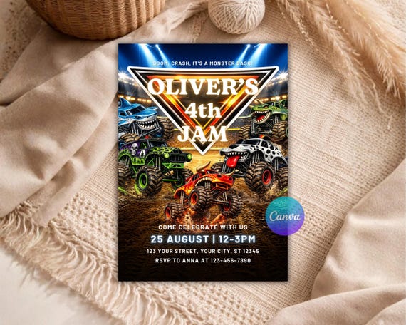 Monster Truck Birthday Invitation Editable Template, Monster Jam Invite, Truck Party Invite, Boy Birthday Invitation Digital Download B128