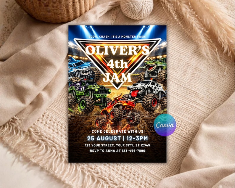 May include: A colorful invitation for Oliver's 4th birthday party. The design features several monster trucks on a dirt track, with the text "OLIVER'S 4th JAM". The invitation includes the date, time, and location of the party.
