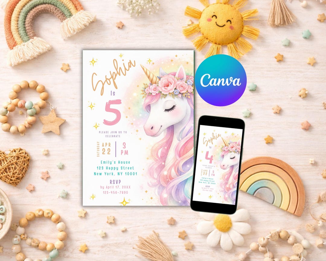 Editable Unicorn Birthday Invitation Template, Printable & Digital ...