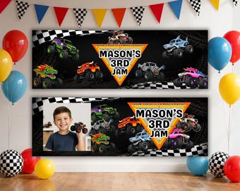 Monster Truck Birthday Banner Template Editable Canva, Personalized Monster Truck Backdrop, Printable Party Banner, Instant Download B174