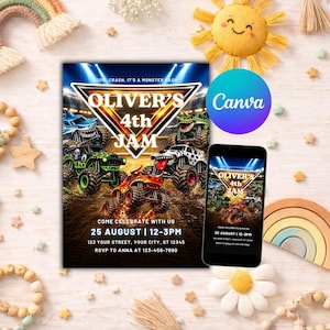 May include: A party invitation with a monster truck theme. The invitation features the text "Oliver's 4th Jam" with monster trucks. The invitation includes the date, time, and location. A smartphone displays the same invitation. The Canva logo is visible.