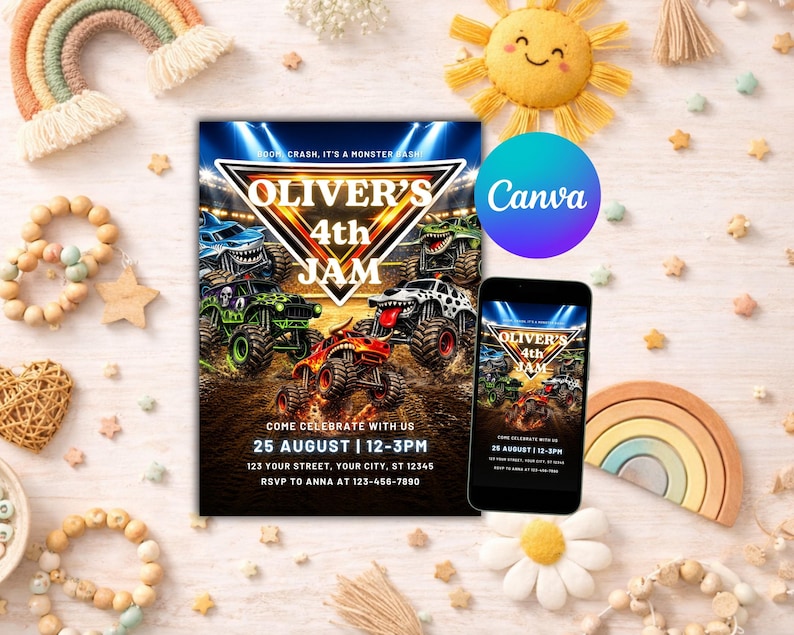 May include: A party invitation with a monster truck theme. The invitation features the text "Oliver's 4th Jam" with monster trucks. The invitation includes the date, time, and location. A smartphone displays the same invitation. The Canva logo is visible.