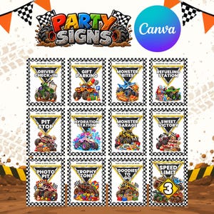 Monster Truck Birthday Party Signs  12 Editable Canva Templates  Pit Stop & Speed Limit Party Decorations Bundle (Digital Download) B198