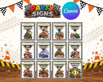 Monster Truck Birthday Party Signs  12 Editable Canva Templates  Pit Stop & Speed Limit Party Decorations Bundle (Digital Download) B198