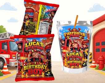 Custom Chip Bag & Juice Labels, Personalized Firefighter Birthday Party, Luca’s Fire Station, Editable Party Labels, Custom Birthday Decor