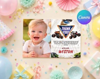 Monster Truck Thank You Card Editable Canva Template Personalized Photo Birthday Thank You Card 5x7 Printable Party Instant Download B163