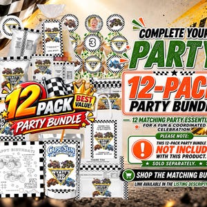 May include: A monster truck themed party supply set featuring checkered flag patterns and the text Wyatt's 3rd Jam. Includes labels for water bottles, snack bags, candy bars, and juice pouches, along with cupcake toppers and activity sheets.