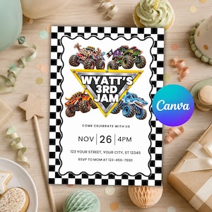 May include: A rectangular party invitation with a black and white checkered border. The design features four monster trucks surrounding a yellow triangle with the text WYATT'S 3RD JAM. Below, it lists the date NOV 26, time 4PM, and placeholder address.