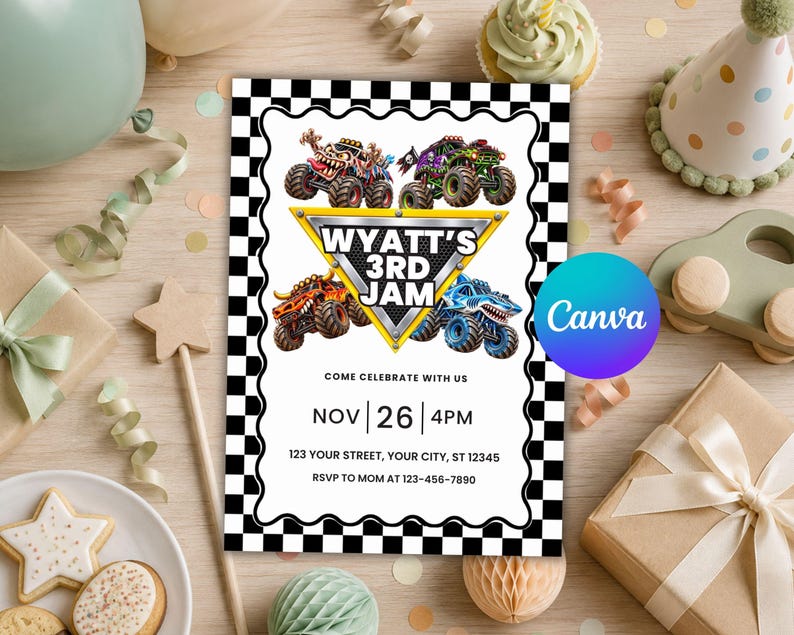 May include: A rectangular party invitation with a black and white checkered border. The design features four monster trucks surrounding a yellow triangle with the text WYATT'S 3RD JAM. Below, it lists the date NOV 26, time 4PM, and placeholder address.